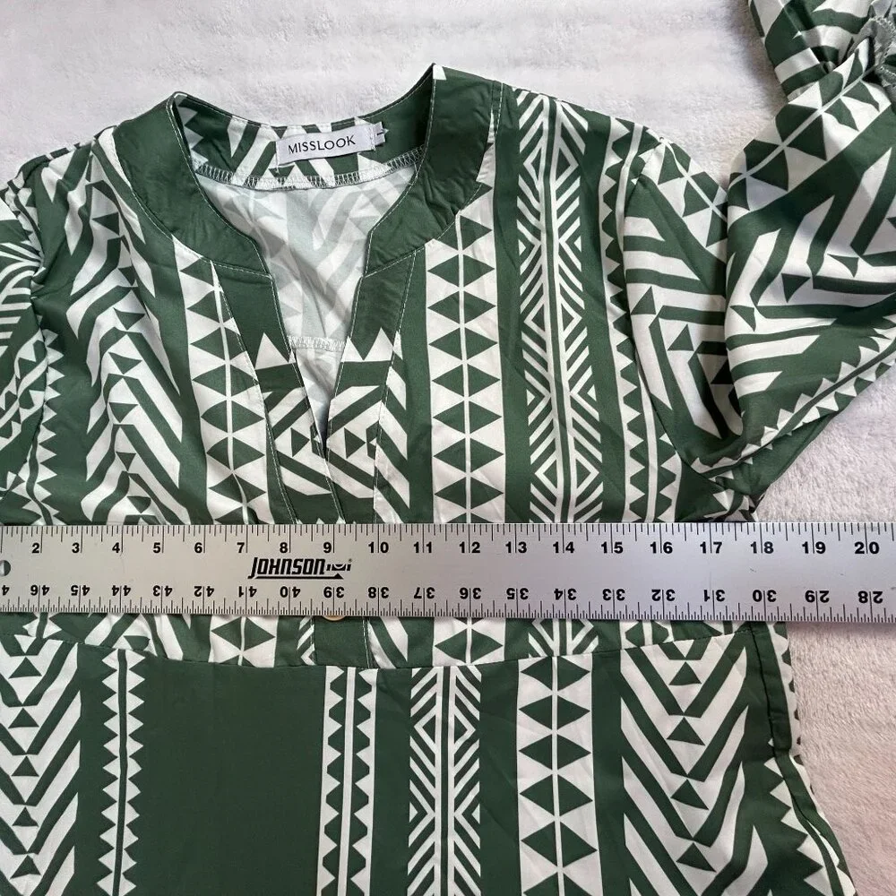 Misslook Womens Green & White Aztec Print 3/4 Sleeve Tiered Shift Dress Large - Picture 5 of 8